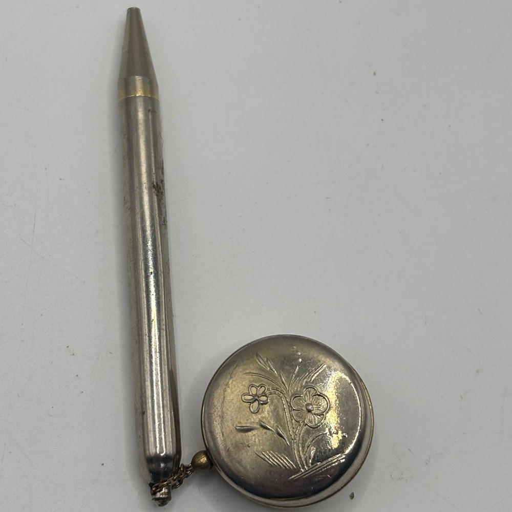 Antique Chatelaine Retractable Brooch Mechanical Pencil Floral Engraved Silver